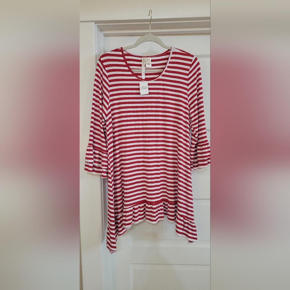 Forgotten Grace Sz L Red White Stripe Tunic 3/4 sleeves w Ruffle NWT